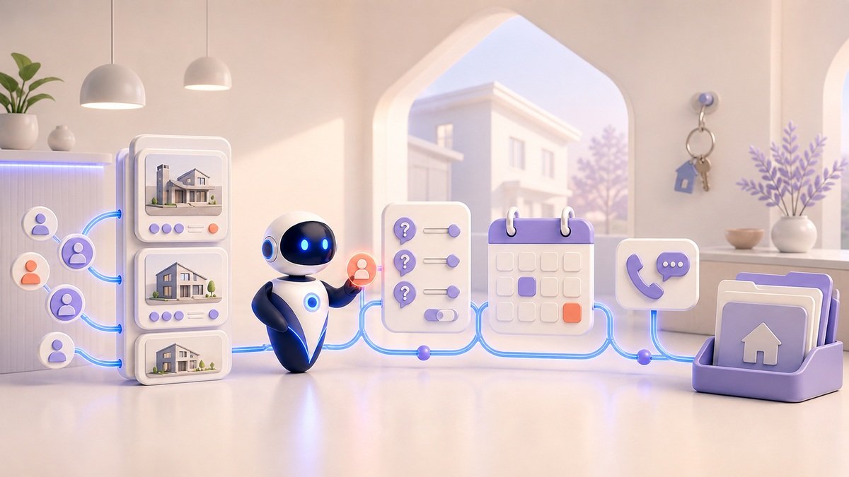 Illustration 3D Levolia d’un agent IA pour « Agent IA pour les agences immobilières : qualifier, relancer, vendre plus vite »