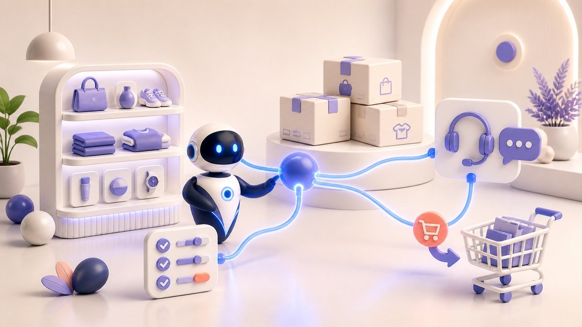 Illustration 3D Levolia d’un agent IA pour « Agent IA e-commerce : catalogue, support et relances »