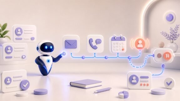Illustration 3D Levolia d’un agent IA pour « Automatiser les relances commerciales avec l'IA : guide pour équipes B2B »