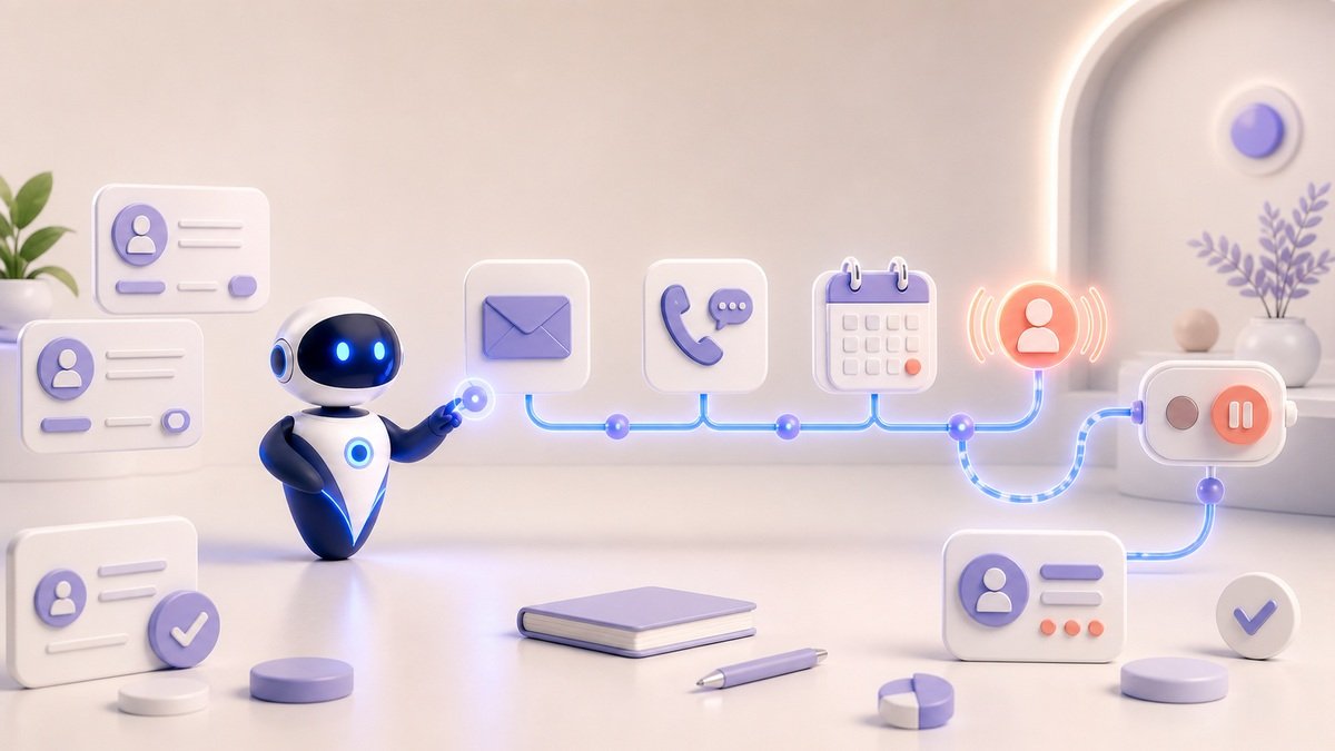 Illustration 3D Levolia d’un agent IA pour « Automatiser les relances commerciales avec l'IA : guide pour équipes B2B »