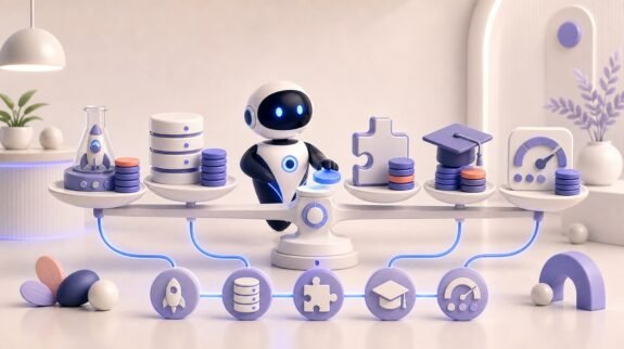 Illustration 3D Levolia d’un agent IA pour « Budget IA 2026 : combien investir selon la taille de votre entreprise »