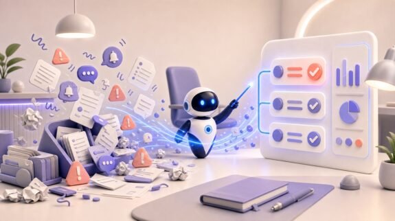 Illustration 3D Levolia d’un agent IA pour « Dirigeant de PME sans IA vs. avec l'IA : décisions plus rapides, moins de bruit »