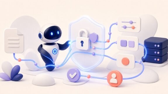 Illustration 3D Levolia d’un workflow sécurisé de facturation électronique avec validation humaine