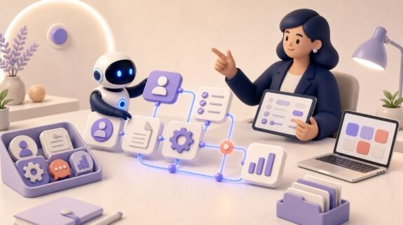 Illustration 3D Levolia d’un agent IA pour « Faut-il être développeur pour utiliser l'IA dans son entreprise ? »