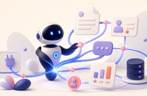 Illustration 3D Levolia d’un agent Hermes connecté aux processus de l’entreprise