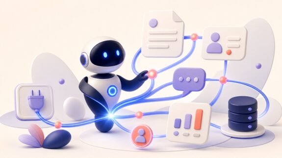 Illustration 3D Levolia d’un agent Hermes connecté aux processus de l’entreprise