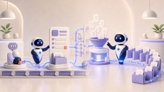 Illustration 3D Levolia d’un agent IA pour « Comment l'IA améliore la gestion des appels d'offres : de l'émission à l'analyse des réponses »