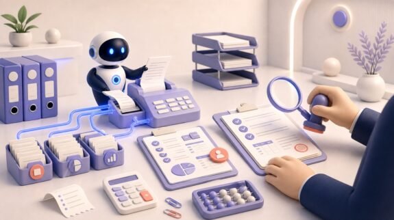 Illustration 3D Levolia d’un agent IA pour « L'IA peut-elle remplacer un comptable ? La réponse honnête en 2026 »