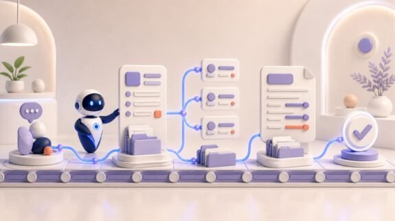 Illustration 3D Levolia d’un agent IA pour « Comment l'IA accélère l'émission d'appels d'offres et la rédaction de devis »