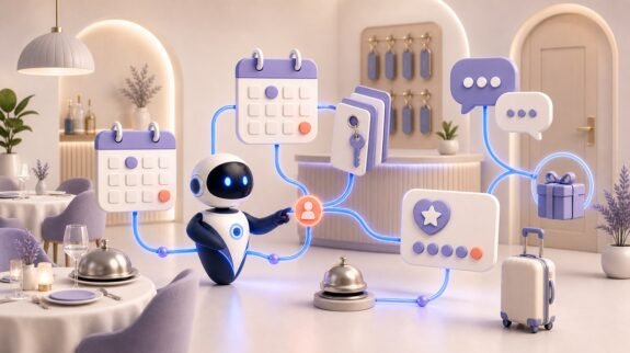 Illustration 3D Levolia d’un agent IA pour « IA pour les restaurants et hôtels : réservations, gestion et fidélisation »