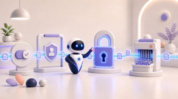 Illustration 3D Levolia d’un agent IA pour « L'IA respecte-t-elle le RGPD ? Ce que toute PME doit savoir »