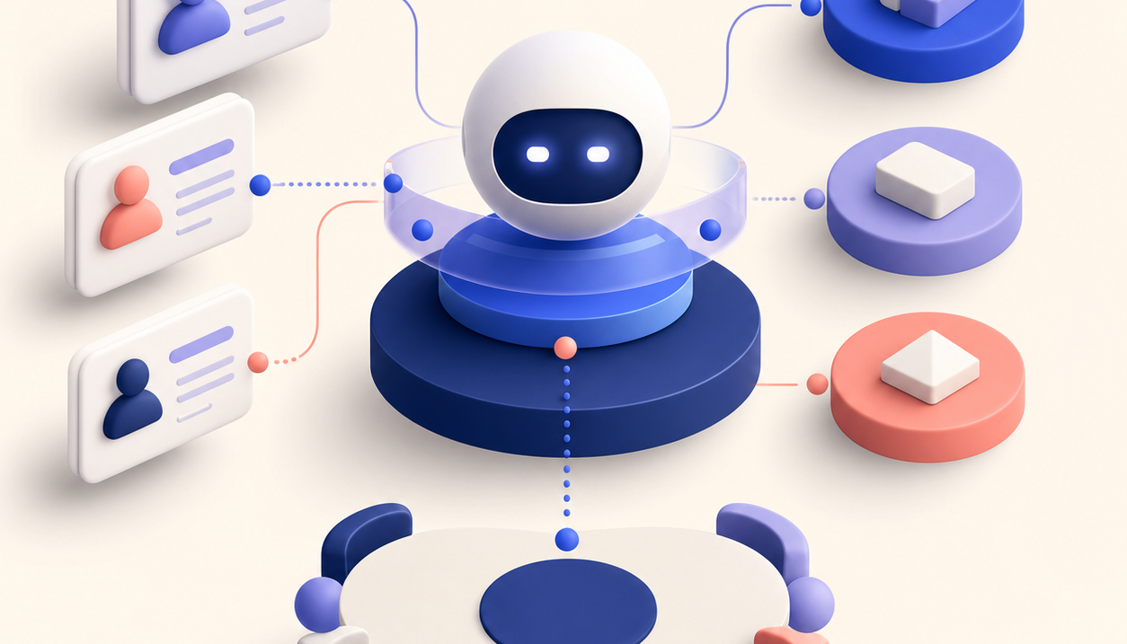 Illustration 3D d’un agent IA relié à des profils candidats, des modules de données et une table de réunion.
