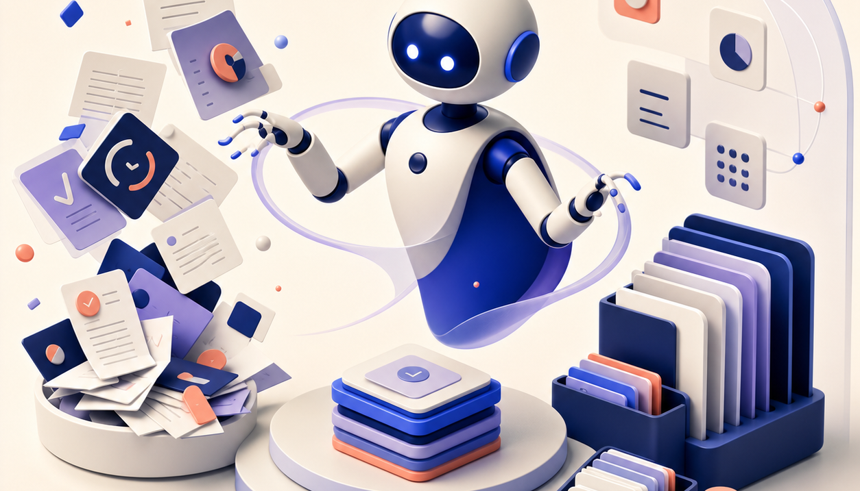 Illustration 3D d’un agent IA qui trie des documents, classe des dossiers et organise des tâches administratives.
