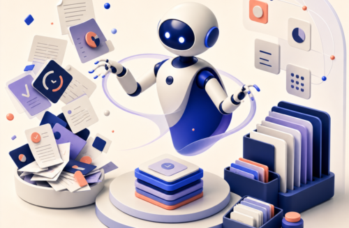 Illustration 3D d’un agent IA qui trie des documents, classe des dossiers et organise des tâches administratives.