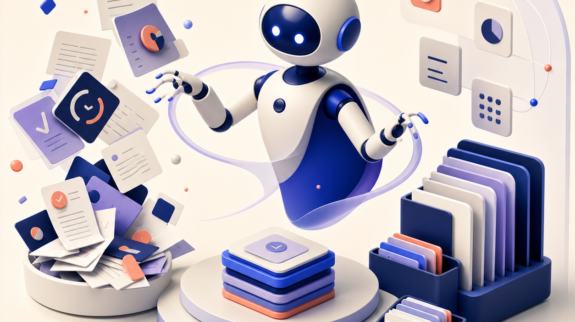 Illustration 3D d’un agent IA qui trie des documents, classe des dossiers et organise des tâches administratives.