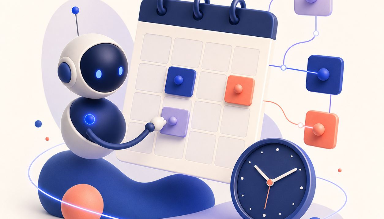 Illustration 3D d’un agent IA devant un calendrier, une horloge et des blocs de coordination connectés.
