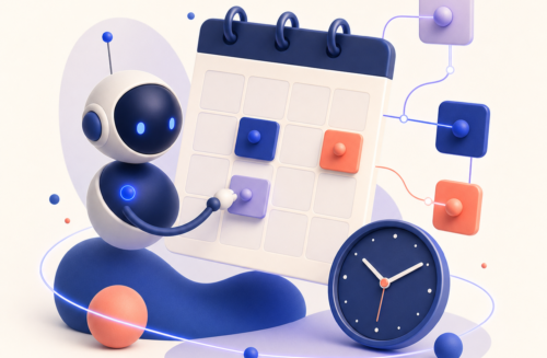 Illustration 3D d’un agent IA devant un calendrier, une horloge et des blocs de coordination connectés.