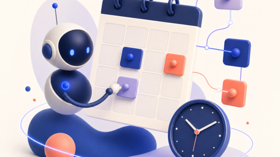 Illustration 3D d’un agent IA devant un calendrier, une horloge et des blocs de coordination connectés.