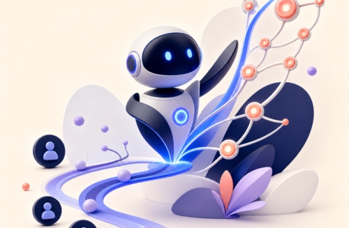 Illustration 3D d’un agent IA au milieu de parcours commerciaux, profils prospects et flèche de croissance.