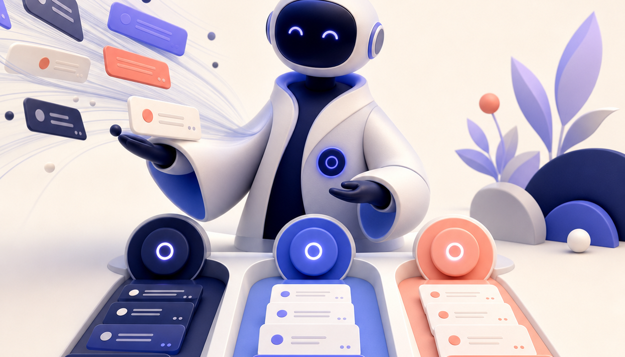 Illustration 3D d’un agent IA au centre de plusieurs canaux de messages, e-mail, chat, contact client et formulaire.