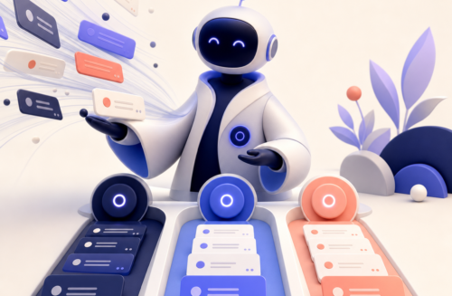 Illustration 3D d’un agent IA au centre de plusieurs canaux de messages, e-mail, chat, contact client et formulaire.