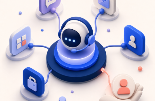 Illustration 3D d’un agent IA support avec casque connecté à différents outils et profils clients.