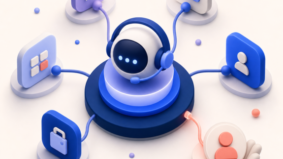 Illustration 3D d’un agent IA support avec casque connecté à différents outils et profils clients.