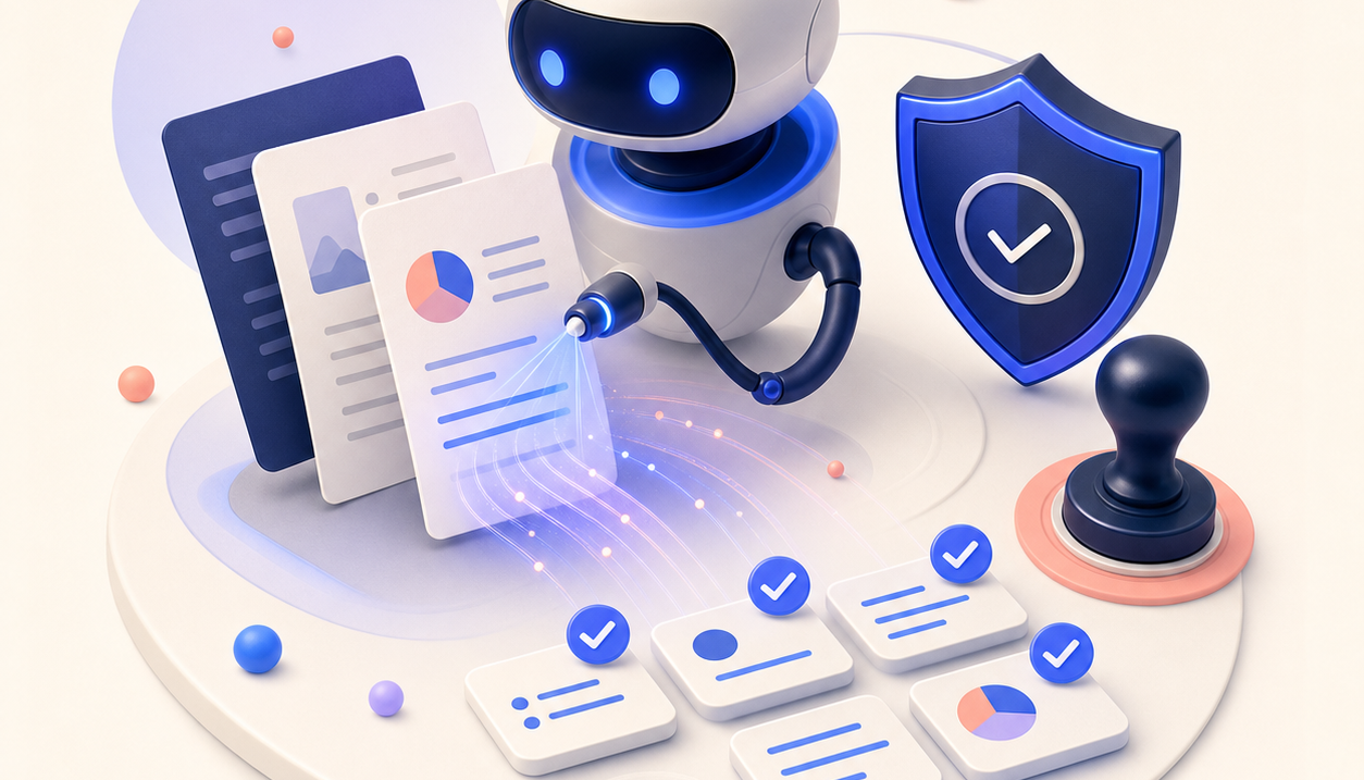 Illustration 3D d’un agent IA analysant des documents avec bouclier de validation et contrôles sécurisés.