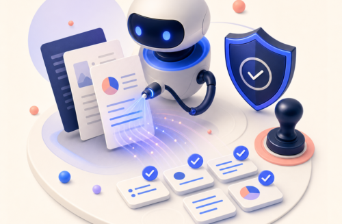 Illustration 3D d’un agent IA analysant des documents avec bouclier de validation et contrôles sécurisés.