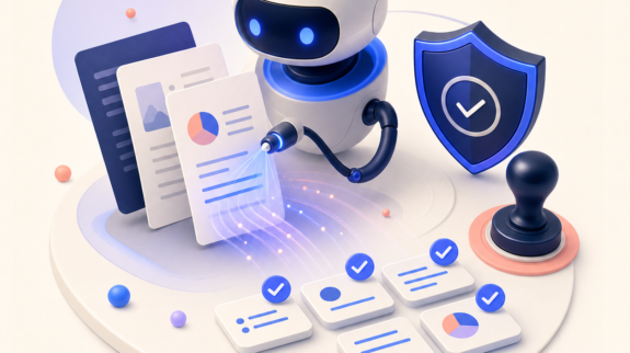 Illustration 3D d’un agent IA analysant des documents avec bouclier de validation et contrôles sécurisés.