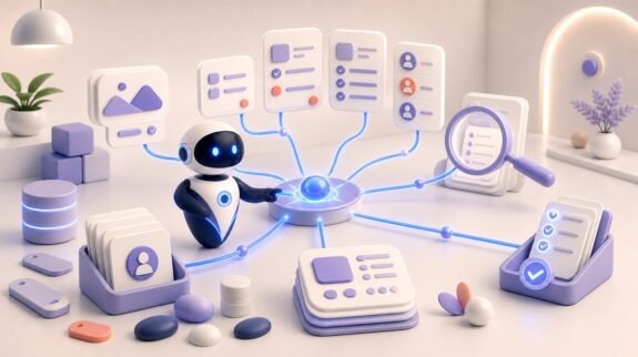 Illustration 3D Levolia d’un agent IA pour « Intégration IA dans Notion : automatisez votre knowledge base et vos projets »