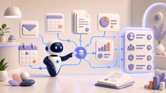 Illustration 3D Levolia d’un agent IA pour « Microsoft 365 Copilot : guide de déploiement IA pour les entreprises »