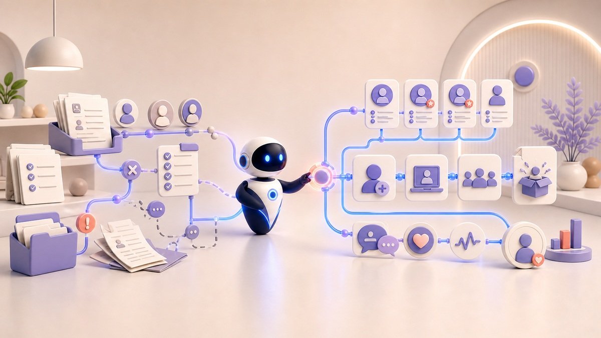 Illustration 3D Levolia d’un agent IA pour « Équipe RH sans IA vs. avec l'IA : recrutement, onboarding et rétention transformés » Illustration 3D Levolia d’un agent IA pour « Équipe RH sans IA vs. avec l'IA : recrutement, onboarding et rétention transformés »