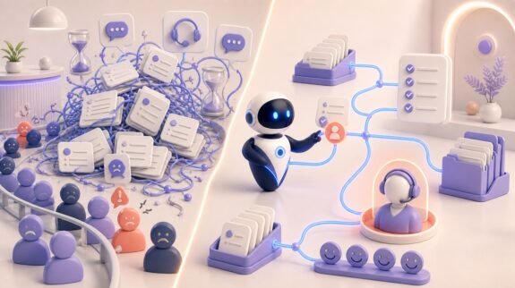 Illustration 3D Levolia d’un agent IA pour « Service client sans IA vs. avec l'IA : coûts, délais, satisfaction »