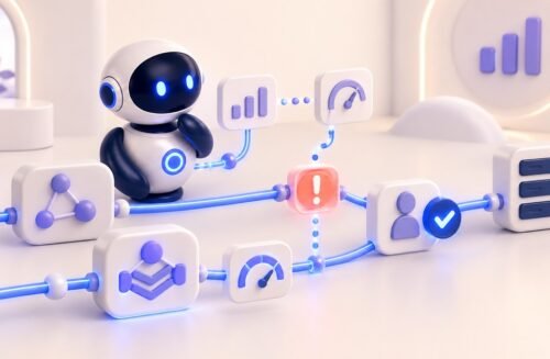 Robot Levolia évaluant les performances d’un agent IA en production avant une mise à jour