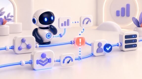 Robot Levolia évaluant les performances d’un agent IA en production avant une mise à jour