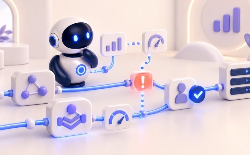 Robot Levolia évaluant les performances d’un agent IA en production avant une mise à jour